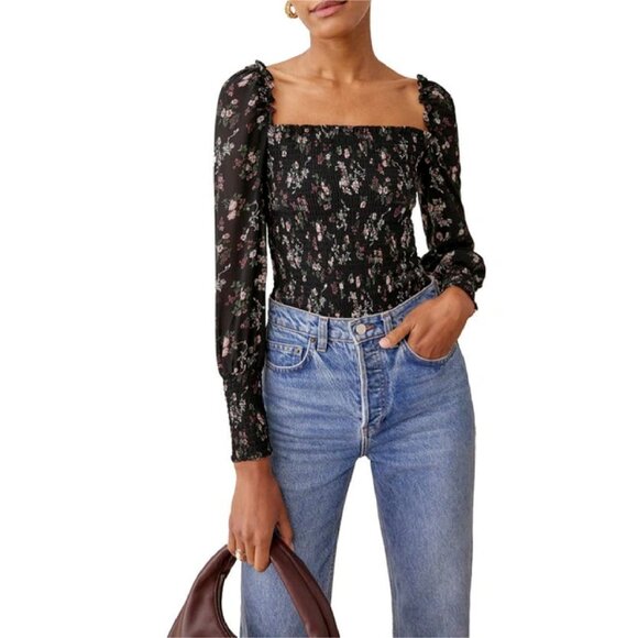 Reformation Pinto Shirred Floral Print Blouse in Jolene Size L - Picture 1 of 12